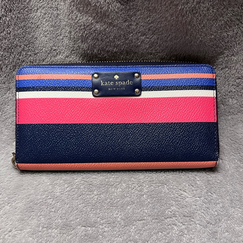 kate spade Striped Zip-Around Wallet in Navy, Pink, Coral and Blue